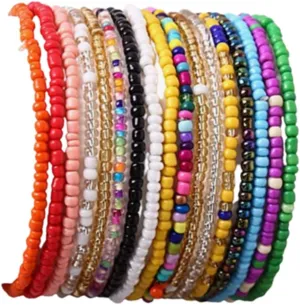 17Pcs Elastic Beaded Bracelets Colorful Bohemian Stackable Beaded Bracelet Beach Bracelet Anklet Set Rainbow Handmade Seed Bracelet Jewelry for Women
