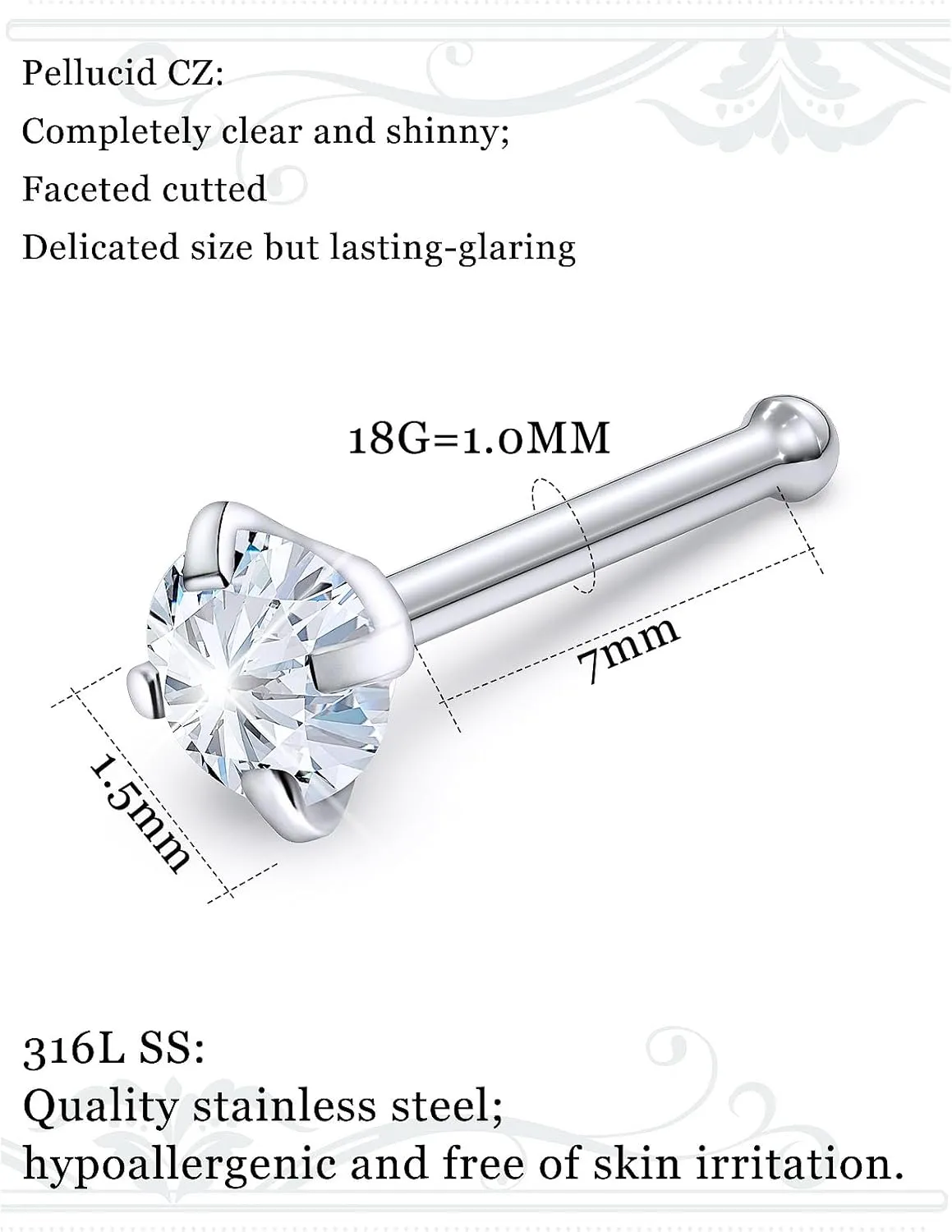 18G 20G Straight Nose Rings Stud Surgical Stainless Steel Nose Studs Cute Nose Ring Stud 20 Gauge 18 Gauge Nose Piercing Jewelry For Women Men Body Piercing Jewelry 1.5Mm 2Mm 2.5Mm 3Mm