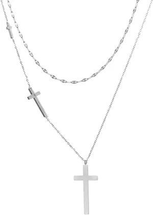 18K 18 Karat White Gold Plated Triple Trinity Christian Cross Layered Double Chain Necklace - Stunning Gold Cross with Cross Chain and Pendant - Nickel Free,Hypoallergenic, Waterproof