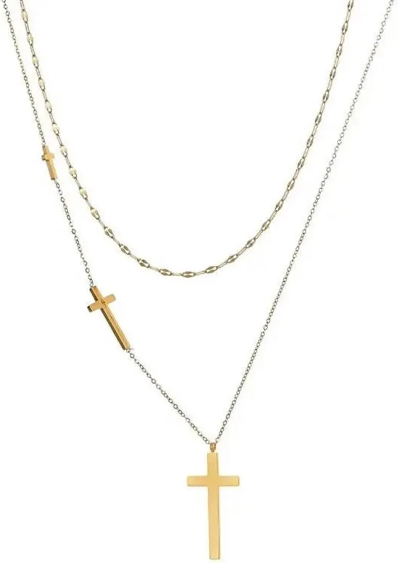 18K 18 Karat Yellow Gold Plated Triple Trinity Christian Cross Layered Double Chain Necklace - Stunning Gold Cross Necklace for Women- Nickel Free, Hypoallergenic, Waterproof