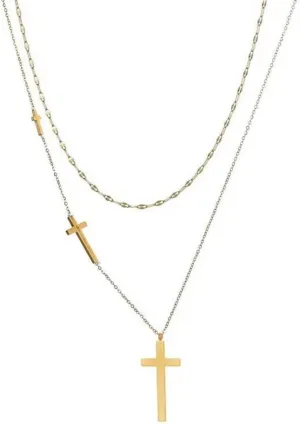 18K 18 Karat Yellow Gold Plated Triple Trinity Christian Cross Layered Double Chain Necklace - Stunning Gold Cross Necklace for Women- Nickel Free, Hypoallergenic, Waterproof