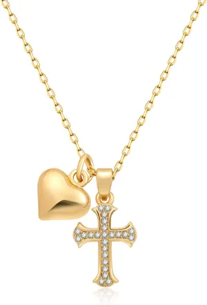 18k Gold Cross Necklace for Women Cute Dainty Gold Heart Pendant Necklaces Religious Faith Jewelry Gift