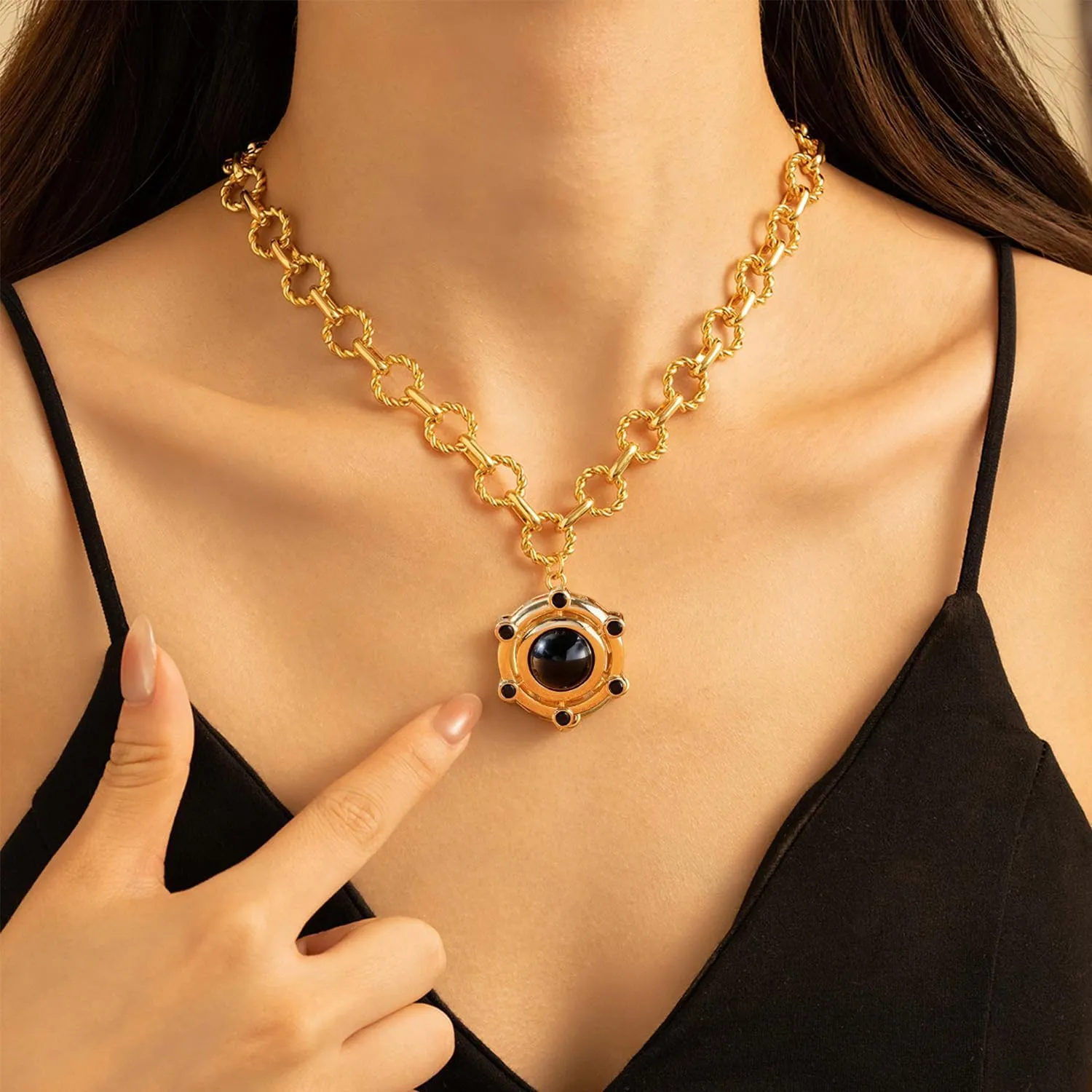 18K Gold Plated Agate Necklaces for Women |Statement Gemstone Pendant Necklace | Carnelian, Green, Black Necklace Healing Crystals Fashion Birthday Valentines Gift