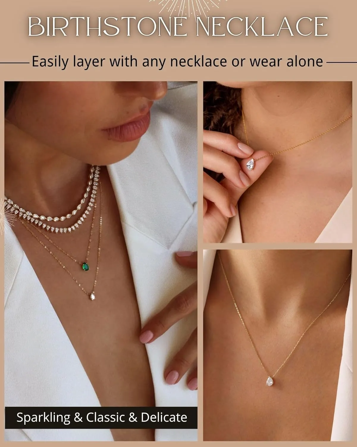 18K Gold Plated Birthstone Necklace for Women Dainty Diamond Teardrop Necklaces Emerald Green CZ Pendant Necklace Birthday Gift for Women Jewelry
