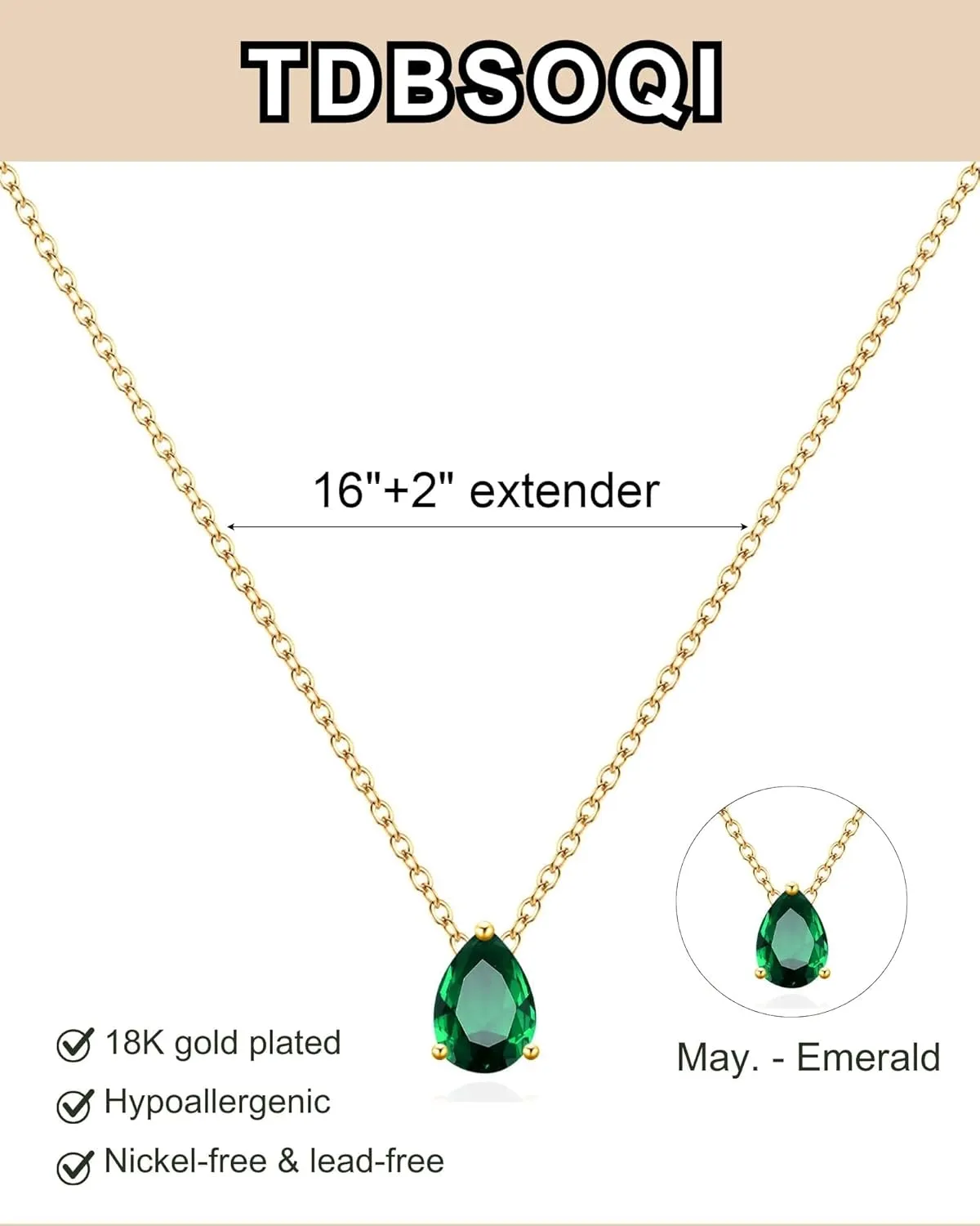 18K Gold Plated Birthstone Necklace for Women Dainty Diamond Teardrop Necklaces Emerald Green CZ Pendant Necklace Birthday Gift for Women Jewelry
