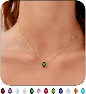 18K Gold Plated Birthstone Necklace for Women Dainty Diamond Teardrop Necklaces Emerald Green CZ Pendant Necklace Birthday Gift for Women Jewelry