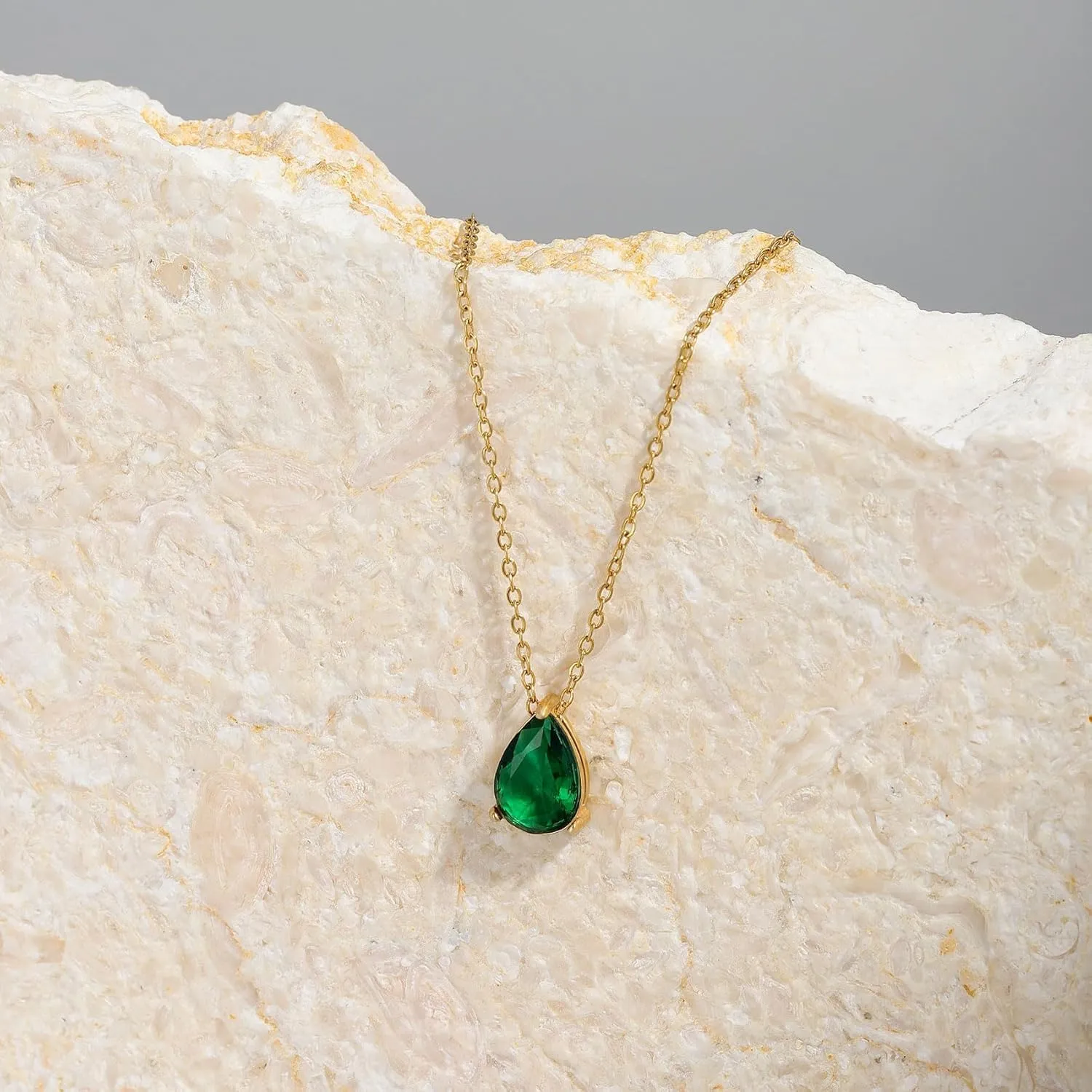 18K Gold Plated Birthstone Necklace for Women Dainty Diamond Teardrop Necklaces Emerald Green CZ Pendant Necklace Birthday Gift for Women Jewelry