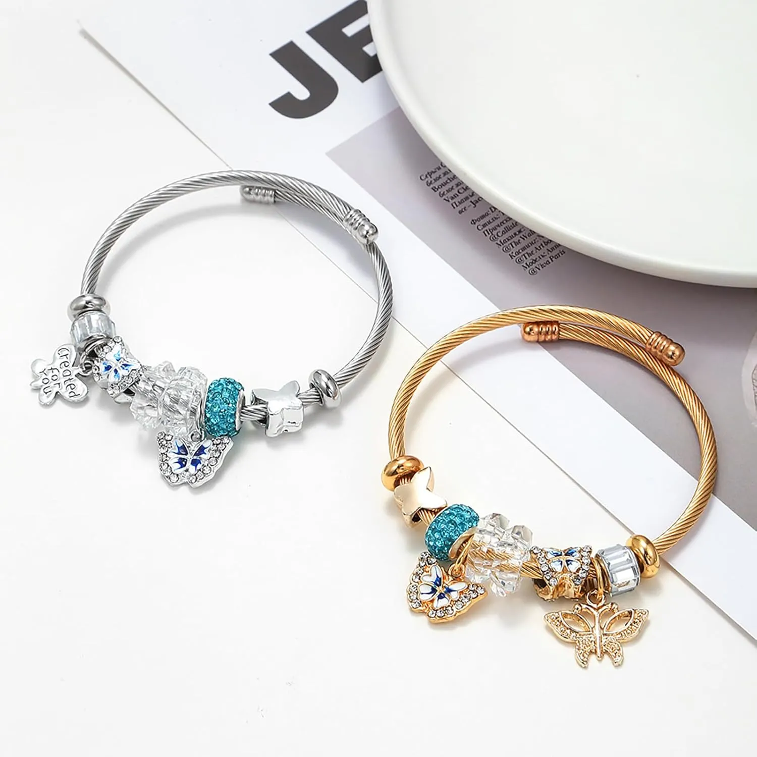 18K Gold Plated Charm Bracelets, Cute Butterfly Bicycle Pendants Bangle Bracelets Love Key Wrap Birthday Gift for Women Girls, Cubic Zirconia Beaded Chain Cable Wire Bracelet