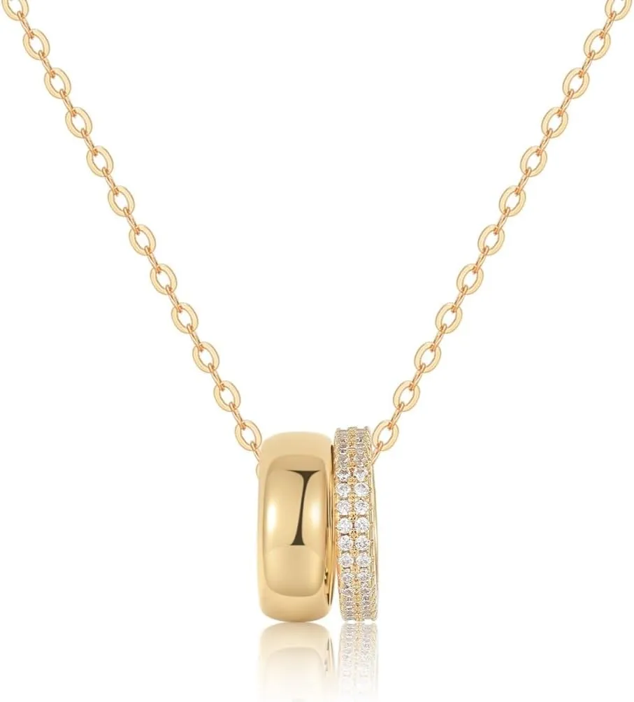 18K Gold Plated Cubic Zirconia Rondelle Pendant Necklace for Women | Two-Toned Dainty CZ Charm Necklaces