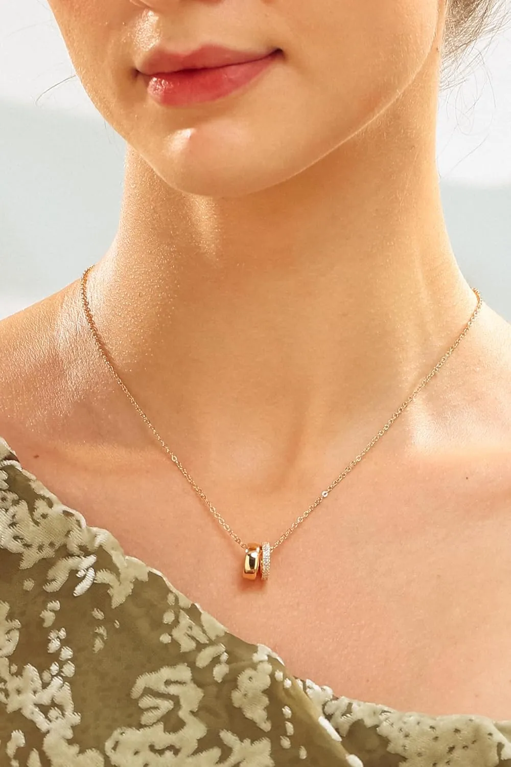 18K Gold Plated Cubic Zirconia Rondelle Pendant Necklace for Women | Two-Toned Dainty CZ Charm Necklaces