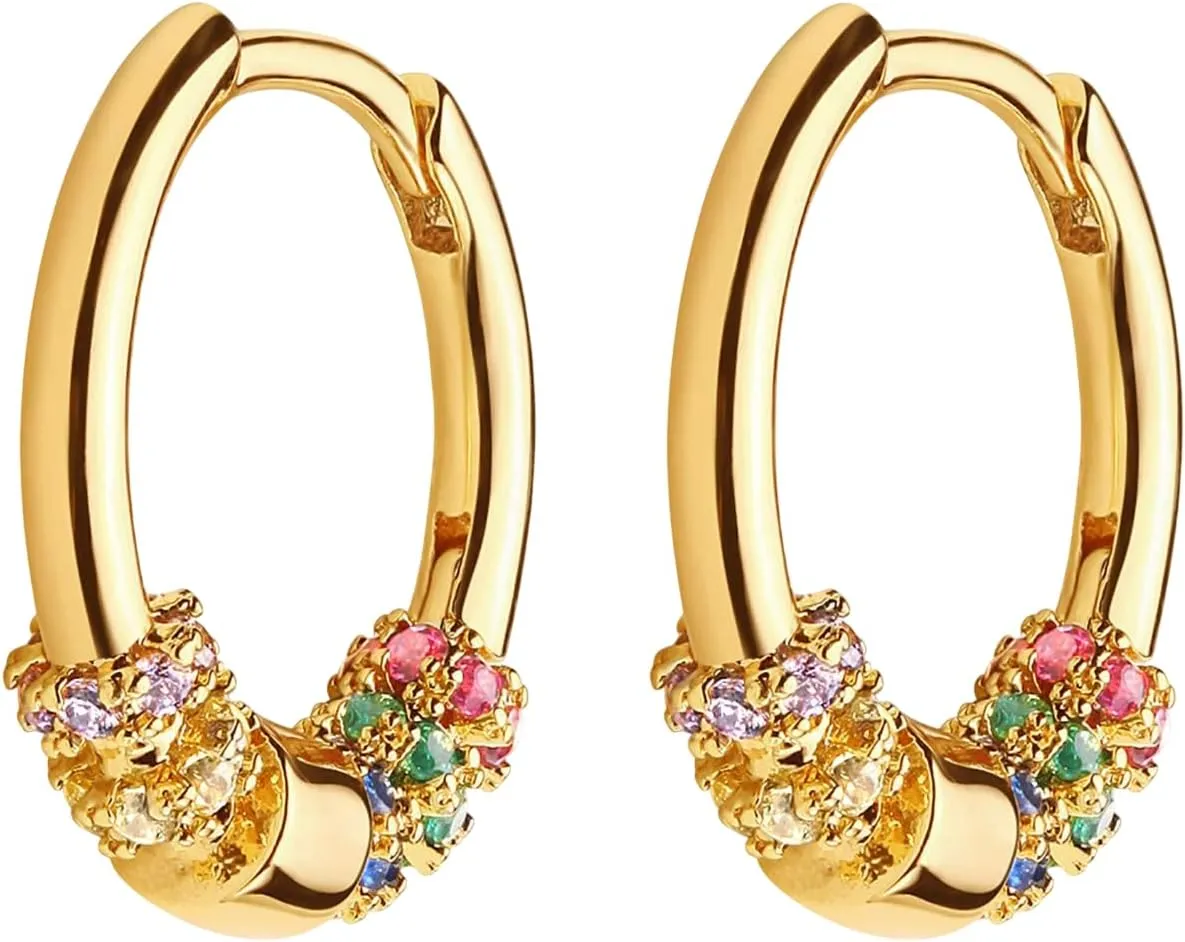 18K Gold Plated Hoop Earrings with Multicolor Crystals  Statement Bold Chunky Huggie Hoops for Everyday Wear & Special Occasions