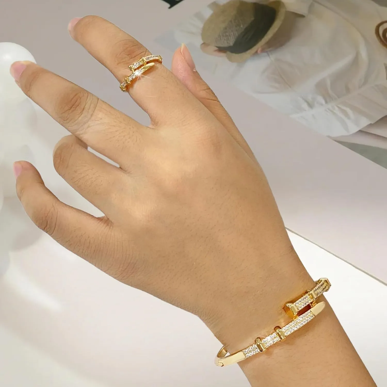 18K Gold Plated Rings Bracelets for Women Trendy Bracelet with Ring Jewelry Set Oval Bangle Simple Cubic Zirconia Stones Bangle Cuff and Rings Jewelry Gift for Women