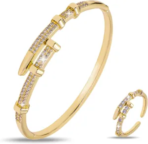 18K Gold Plated Rings Bracelets for Women Trendy Bracelet with Ring Jewelry Set Oval Bangle Simple Cubic Zirconia Stones Bangle Cuff and Rings Jewelry Gift for Women