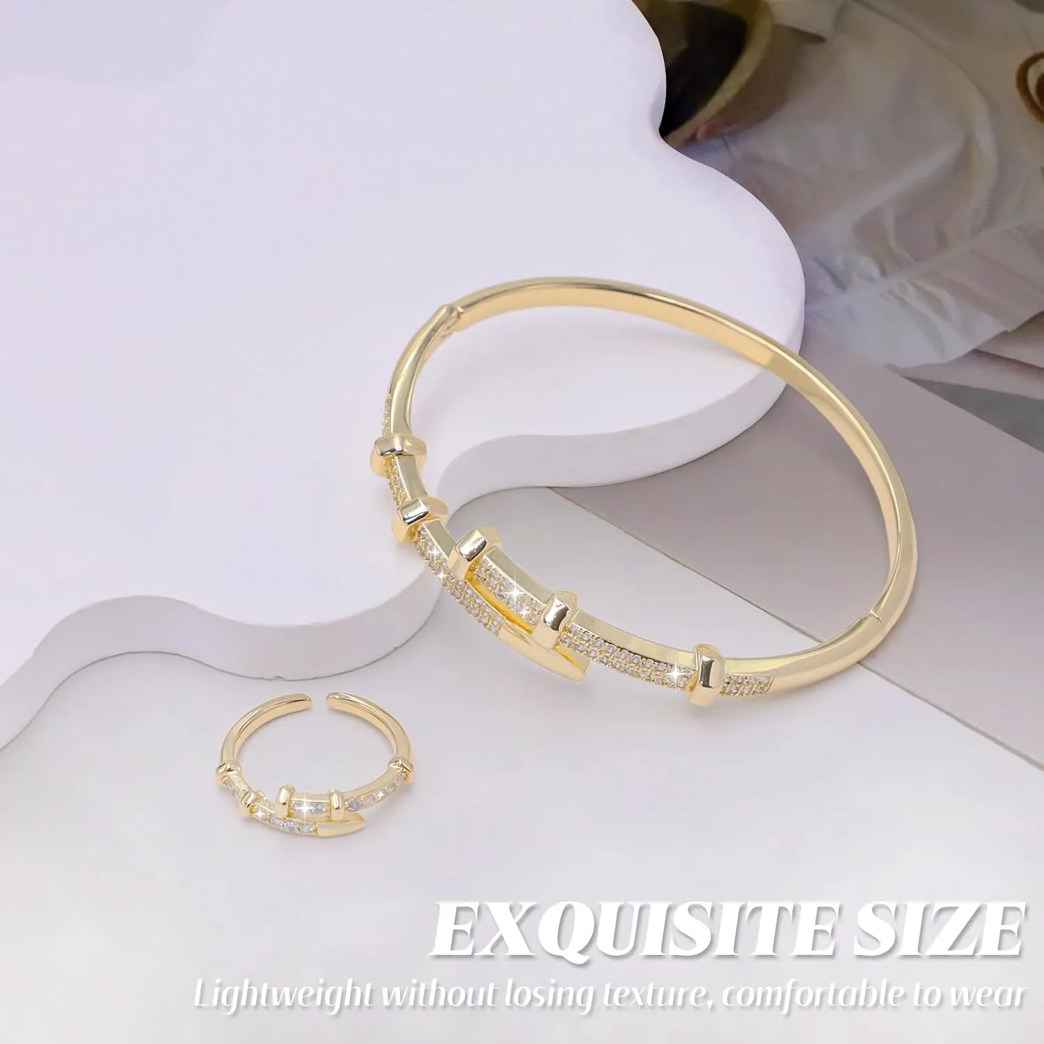 18K Gold Plated Rings Bracelets for Women Trendy Bracelet with Ring Jewelry Set Oval Bangle Simple Cubic Zirconia Stones Bangle Cuff and Rings Jewelry Gift for Women