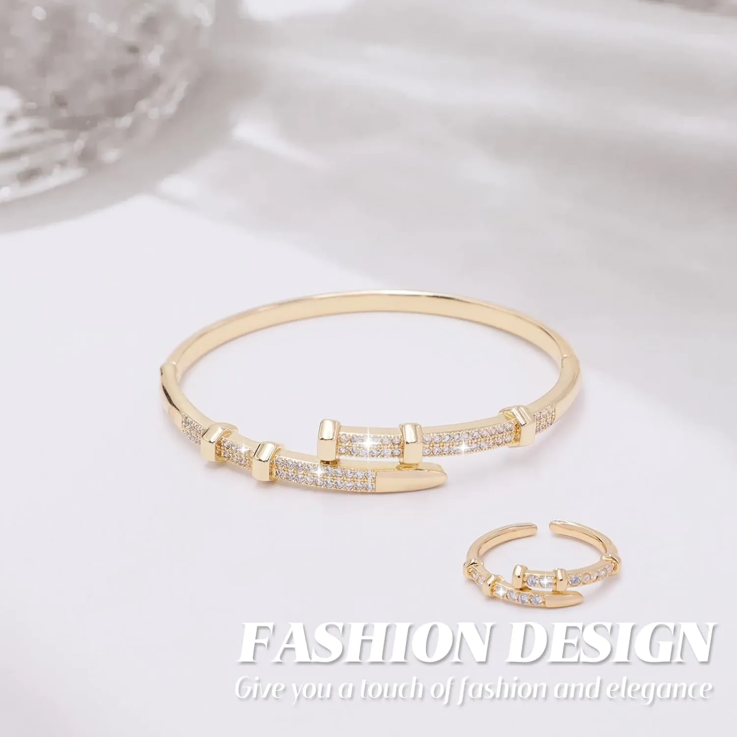18K Gold Plated Rings Bracelets for Women Trendy Bracelet with Ring Jewelry Set Oval Bangle Simple Cubic Zirconia Stones Bangle Cuff and Rings Jewelry Gift for Women