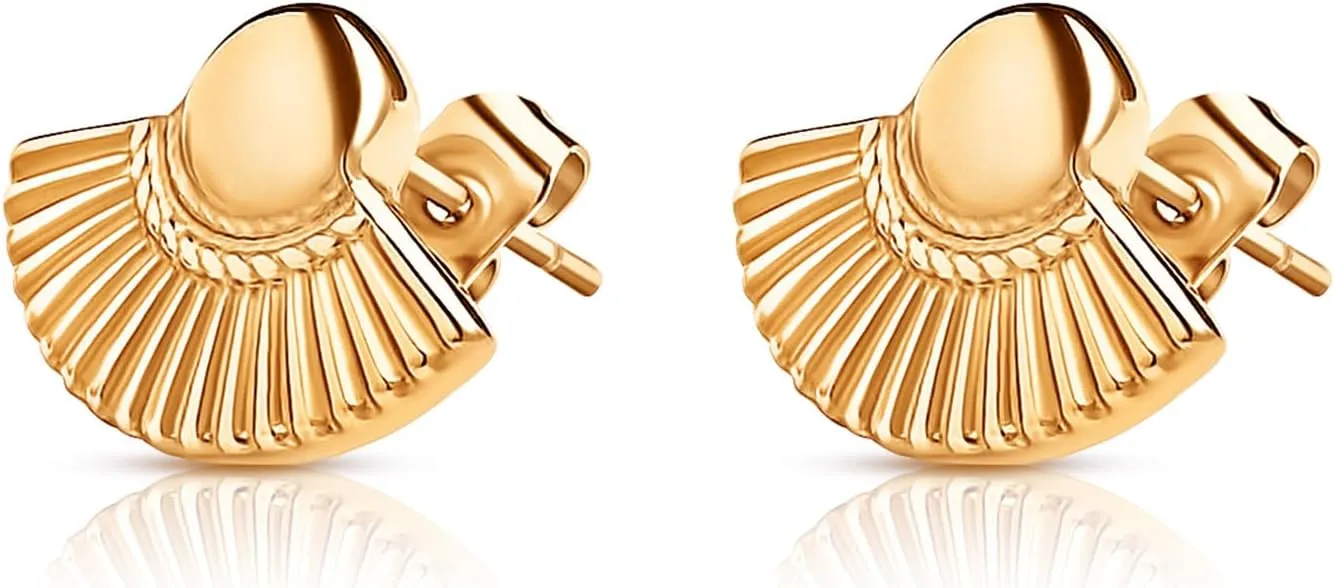 18K Gold-Plated Shell Fan Stud Earrings for Women - Minimalist Textured Stainless Steel, Hypoallergenic, Waterproof, and Tarnish-Resistant Jewelry for Everyday or Special Occasions