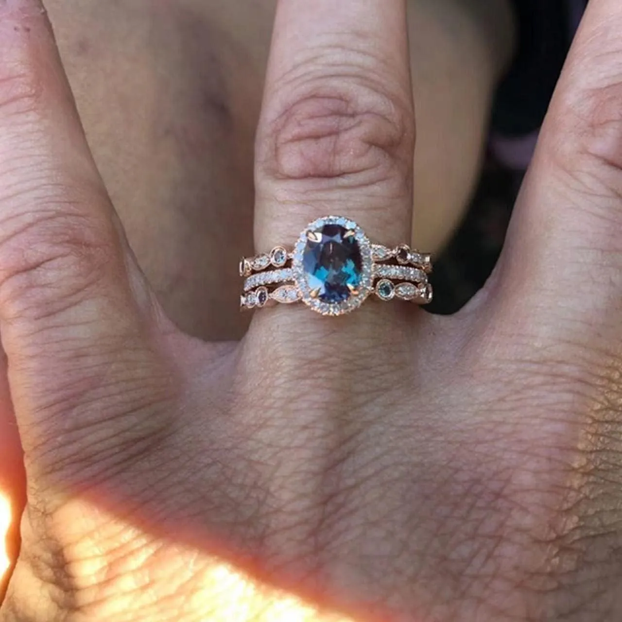 18k gold sapphire multi-layer oval fashionable and minimalist diamond inlaid gemstone can be stacked with a three piece set of women's engagement rings Size 9