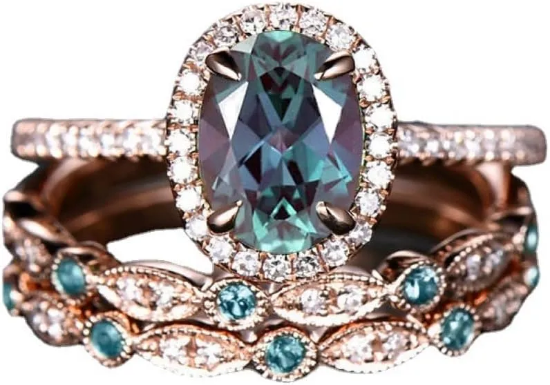 18k gold sapphire multi-layer oval fashionable and minimalist diamond inlaid gemstone can be stacked with a three piece set of women's engagement rings Size 9