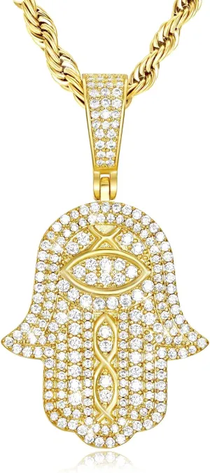 18K or White Real Gold Plated Evil Eye Hamsa Hand Pendant Necklace Iced Out Good Luck Protection Fatima Pendants Chain for Men Women(Custom Box and Pouch Packing)