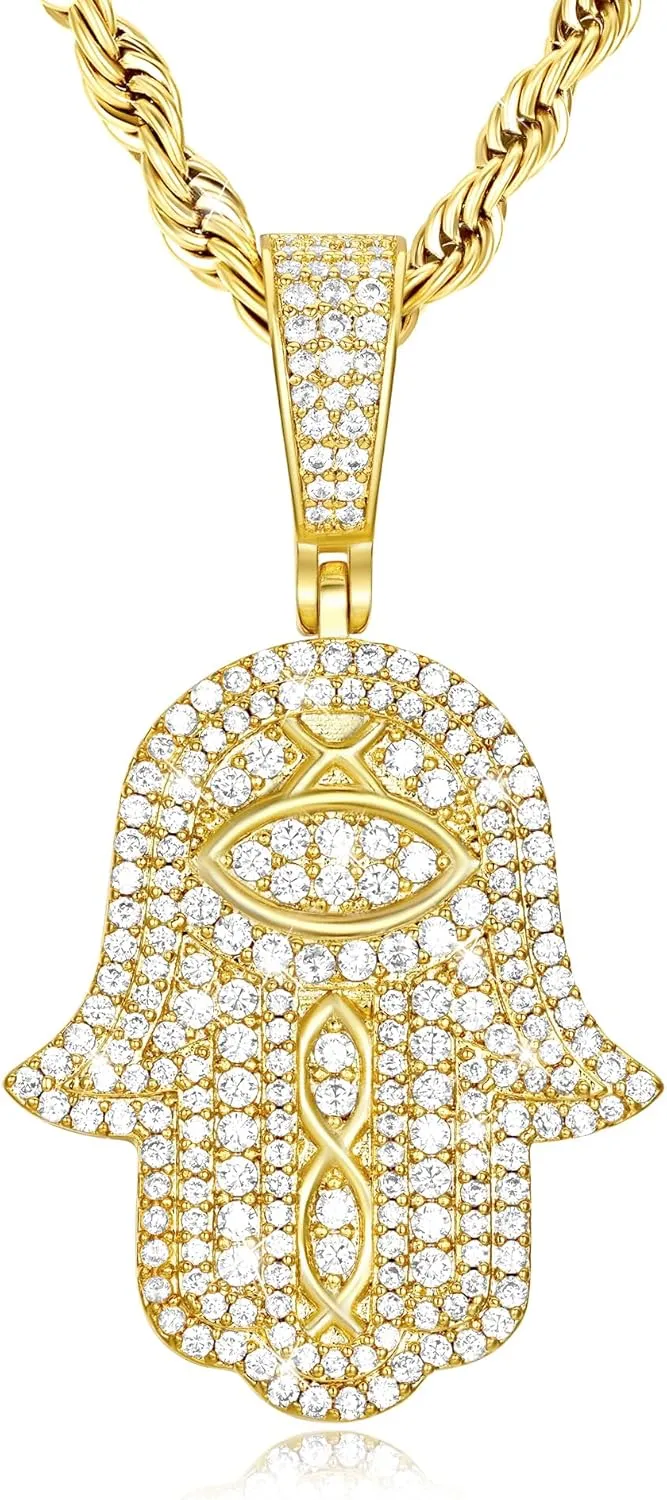 18K or White Real Gold Plated Evil Eye Hamsa Hand Pendant Necklace Iced Out Good Luck Protection Fatima Pendants Chain for Men Women(Custom Box and Pouch Packing)
