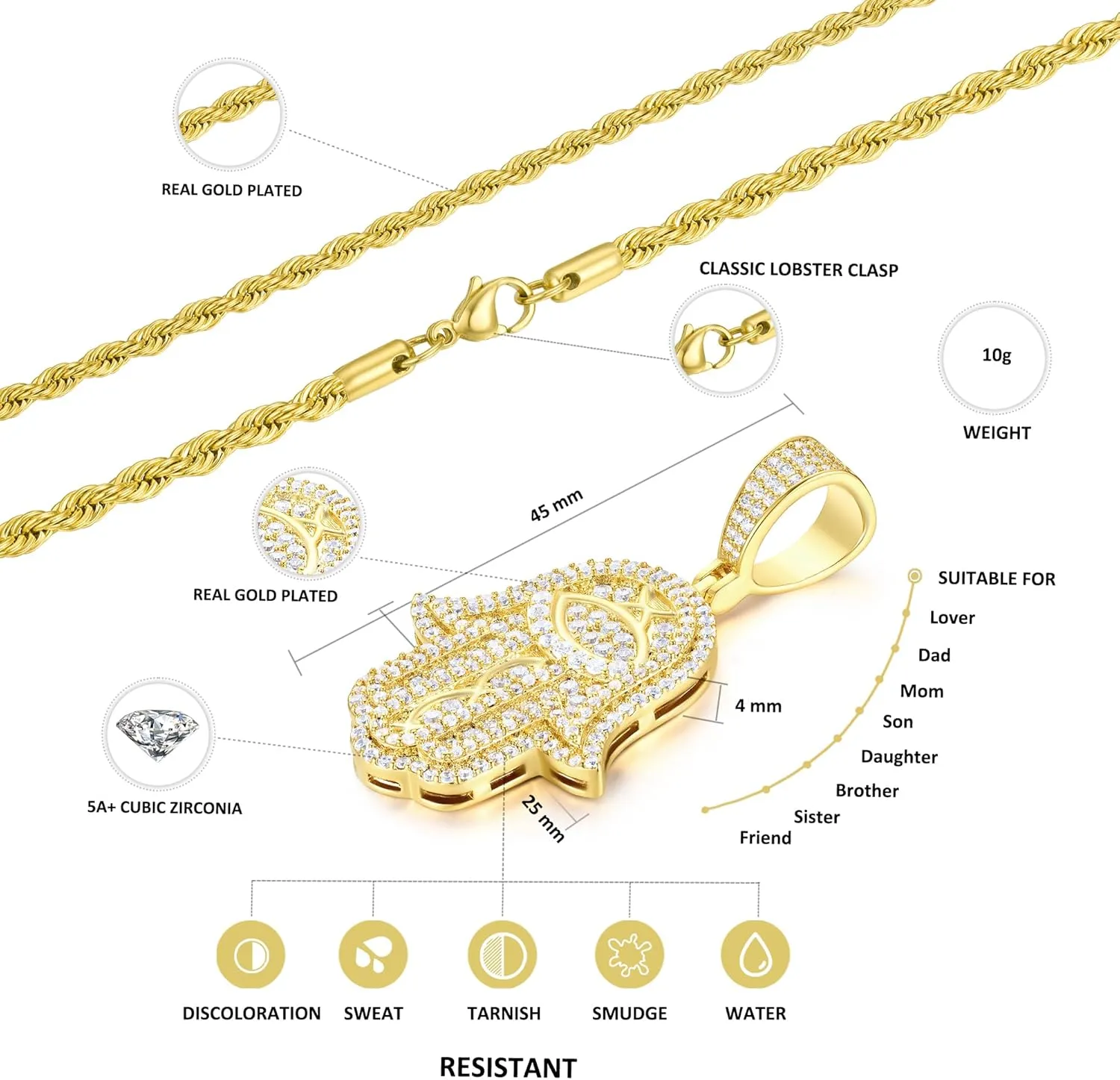 18K or White Real Gold Plated Evil Eye Hamsa Hand Pendant Necklace Iced Out Good Luck Protection Fatima Pendants Chain for Men Women(Custom Box and Pouch Packing)