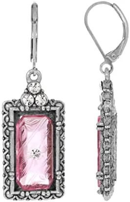 1928 Jewelry Romana Octagon Etched Glass & Crystal Drop Earrings
