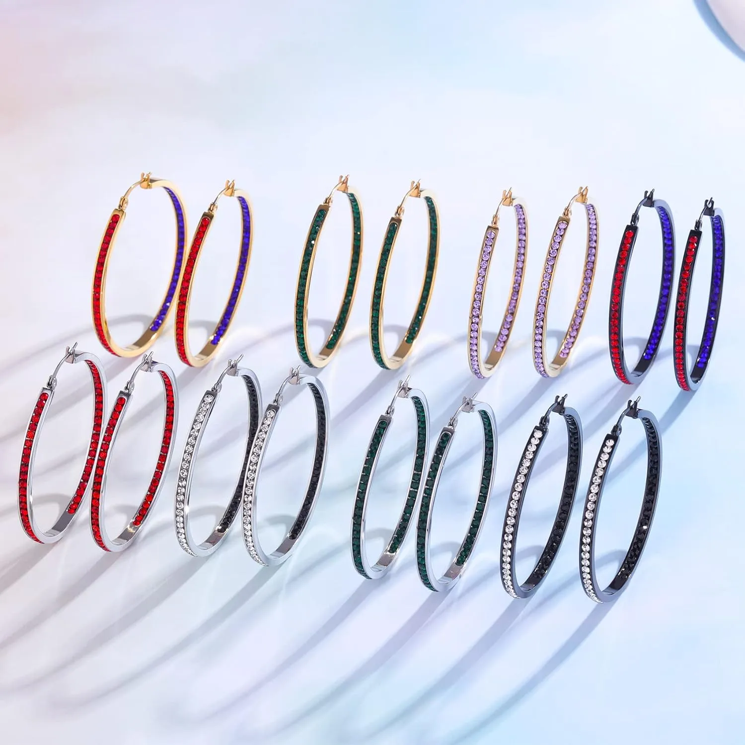 2 Inch Stunning Stainless Steel Multi-colors Cubic Zirconia Hoop Earring for Women Hypoallergenic Jewelry for Sensitive Ears Large Big Hoop Earrings 50MM