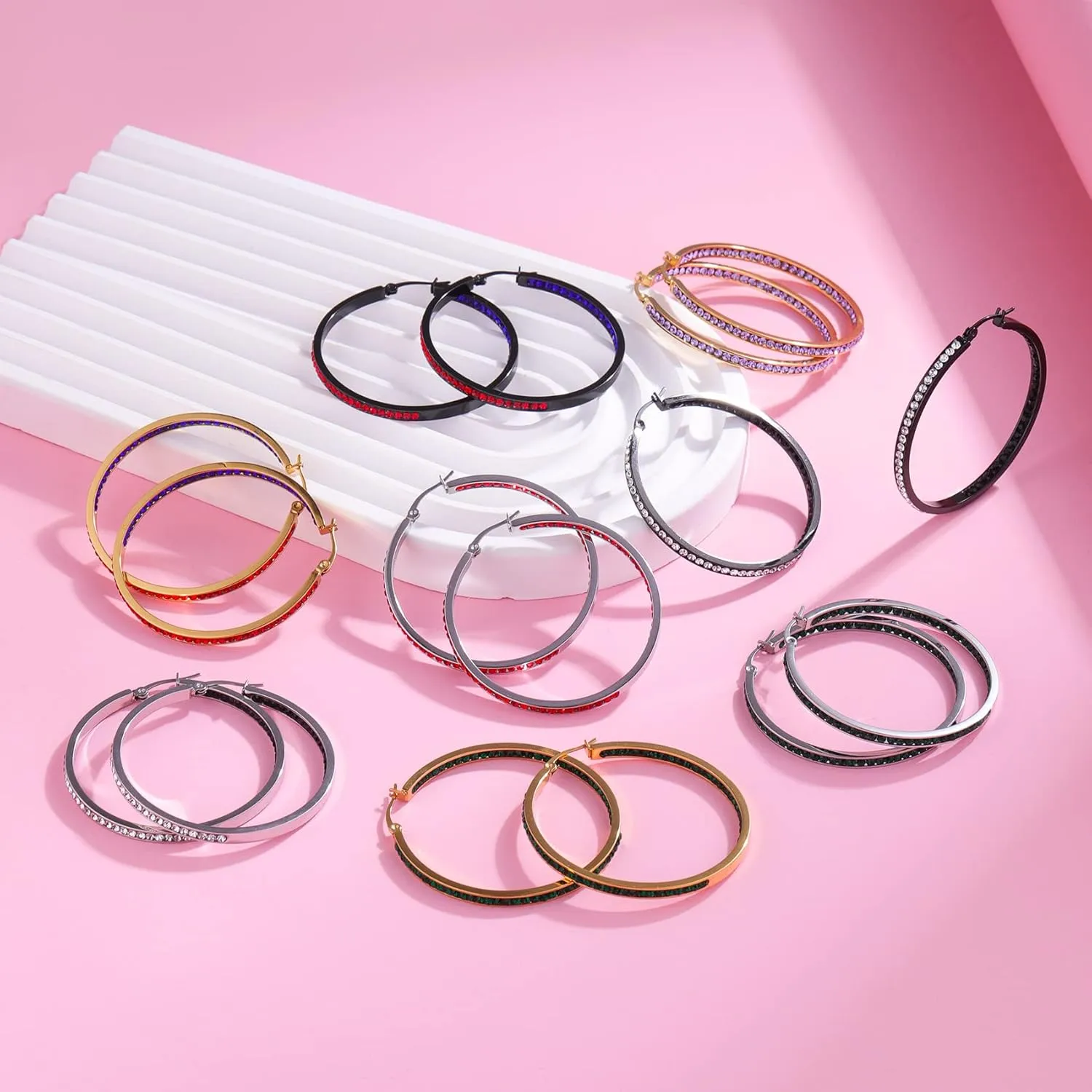 2 Inch Stunning Stainless Steel Multi-colors Cubic Zirconia Hoop Earring for Women Hypoallergenic Jewelry for Sensitive Ears Large Big Hoop Earrings 50MM