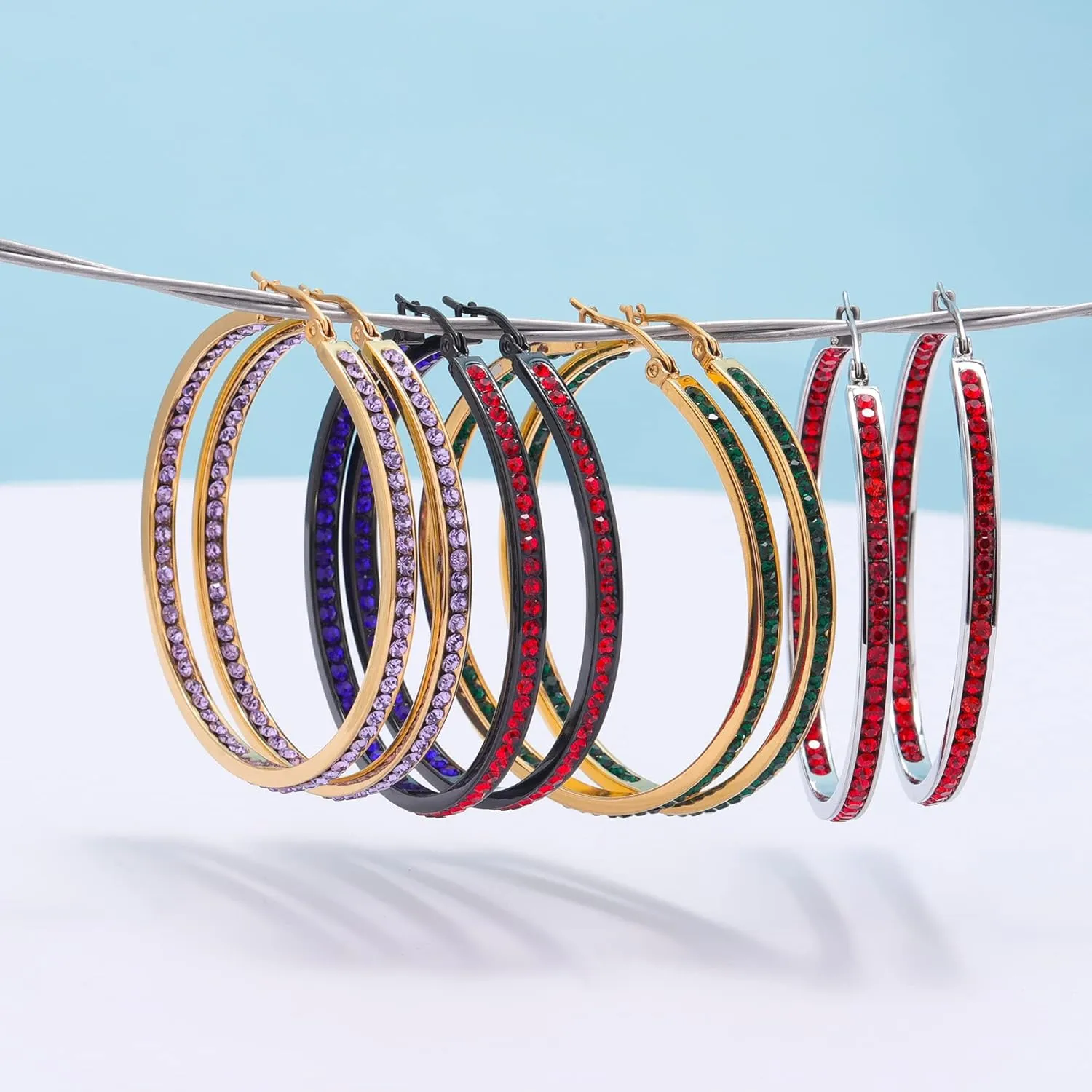 2 Inch Stunning Stainless Steel Multi-colors Cubic Zirconia Hoop Earring for Women Hypoallergenic Jewelry for Sensitive Ears Large Big Hoop Earrings 50MM