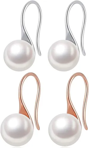 2 pair Fashion Freshwater Cultured Pearl Drop Dangle Earrings Jewelry for Women Girls, Gold Plated Sterling Silver Hoop Stud Earring