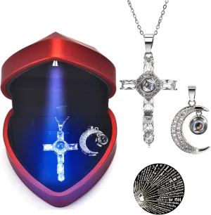 2 pcs Pendants i love you cross necklace in 100 languages ,Projection cross moon Pendant necklace gifts for women mom with led lig 7 M US female