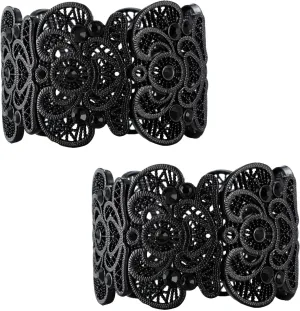2 Pieces Black Bracelet for Women Gothic Vintage Filigree Jewelry Ladies Cuff Bracelets Bohemian Lace Bracelet Lace Cuff Bangle Wide Stretch Rhinestone Statement