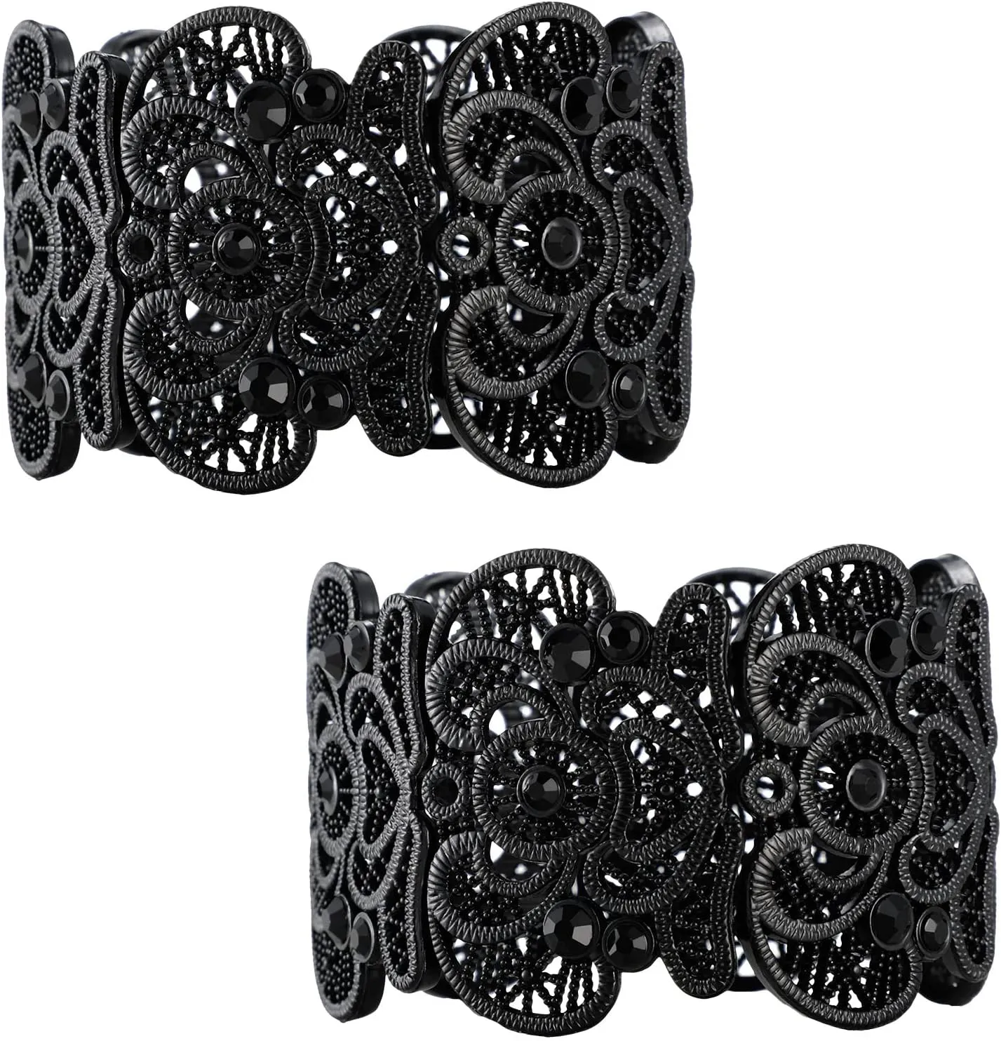 2 Pieces Black Bracelet for Women Gothic Vintage Filigree Jewelry Ladies Cuff Bracelets Bohemian Lace Bracelet Lace Cuff Bangle Wide Stretch Rhinestone Statement