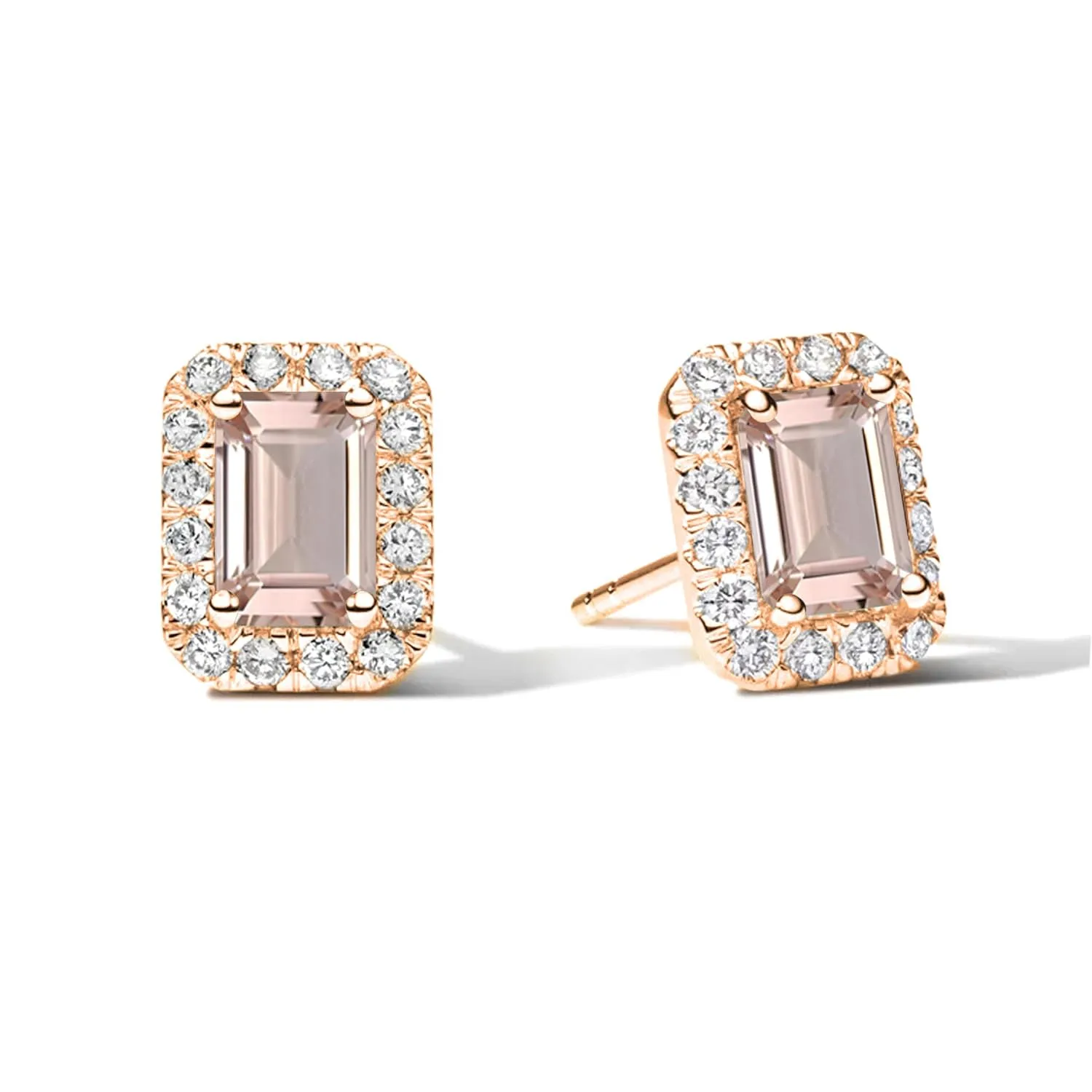 2.00 CTW. Emerald Cut Morganite & Diamond Halo Stud Earrings For Women, 14K Rose Gold Plated Silver Morganite Halo Earrings