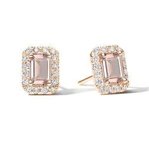 2.00 CTW. Emerald Cut Morganite & Diamond Halo Stud Earrings For Women, 14K Rose Gold Plated Silver Morganite Halo Earrings