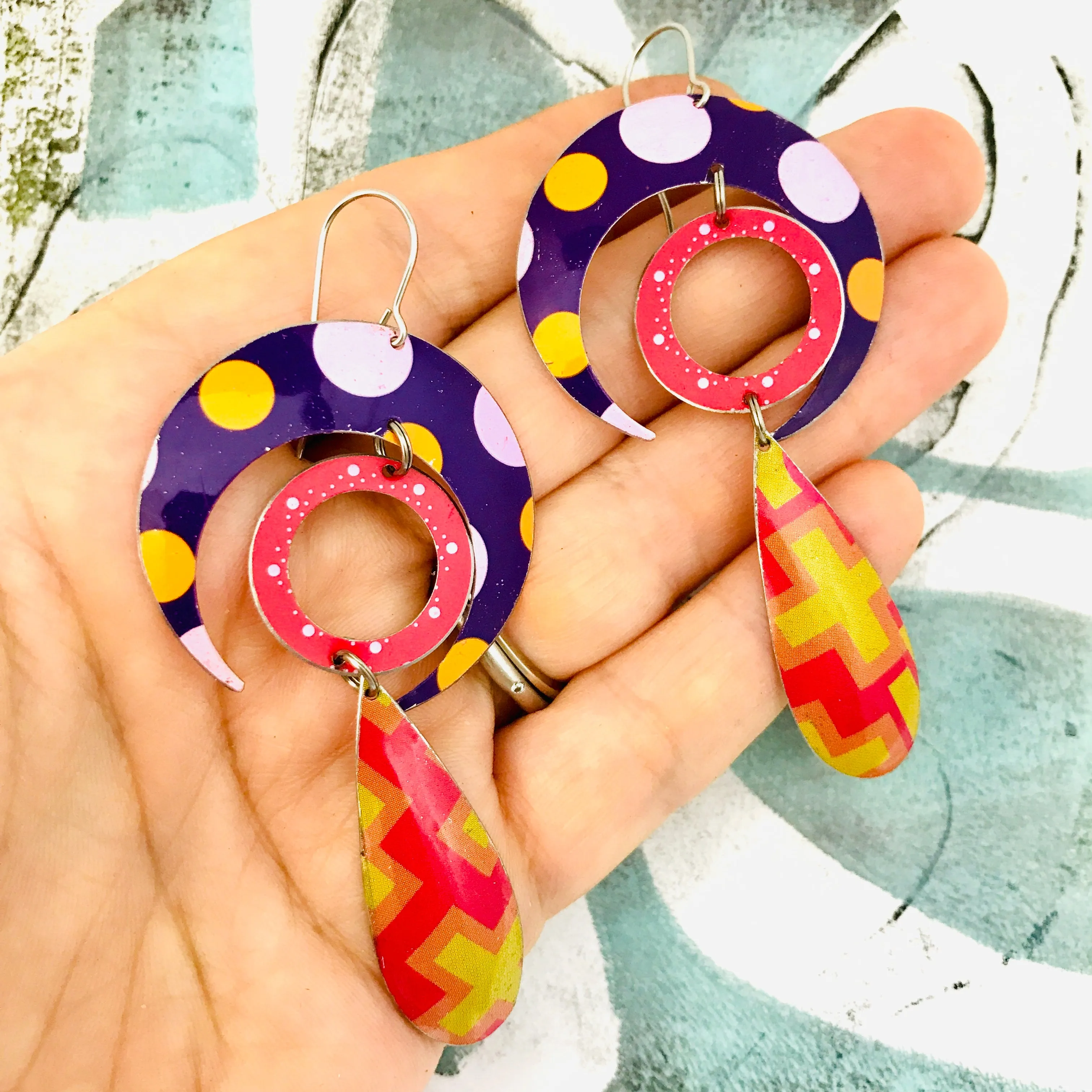 #24 Bold Patterned Protective Crescent, Sun and Rain Upcycled Tin Earrings