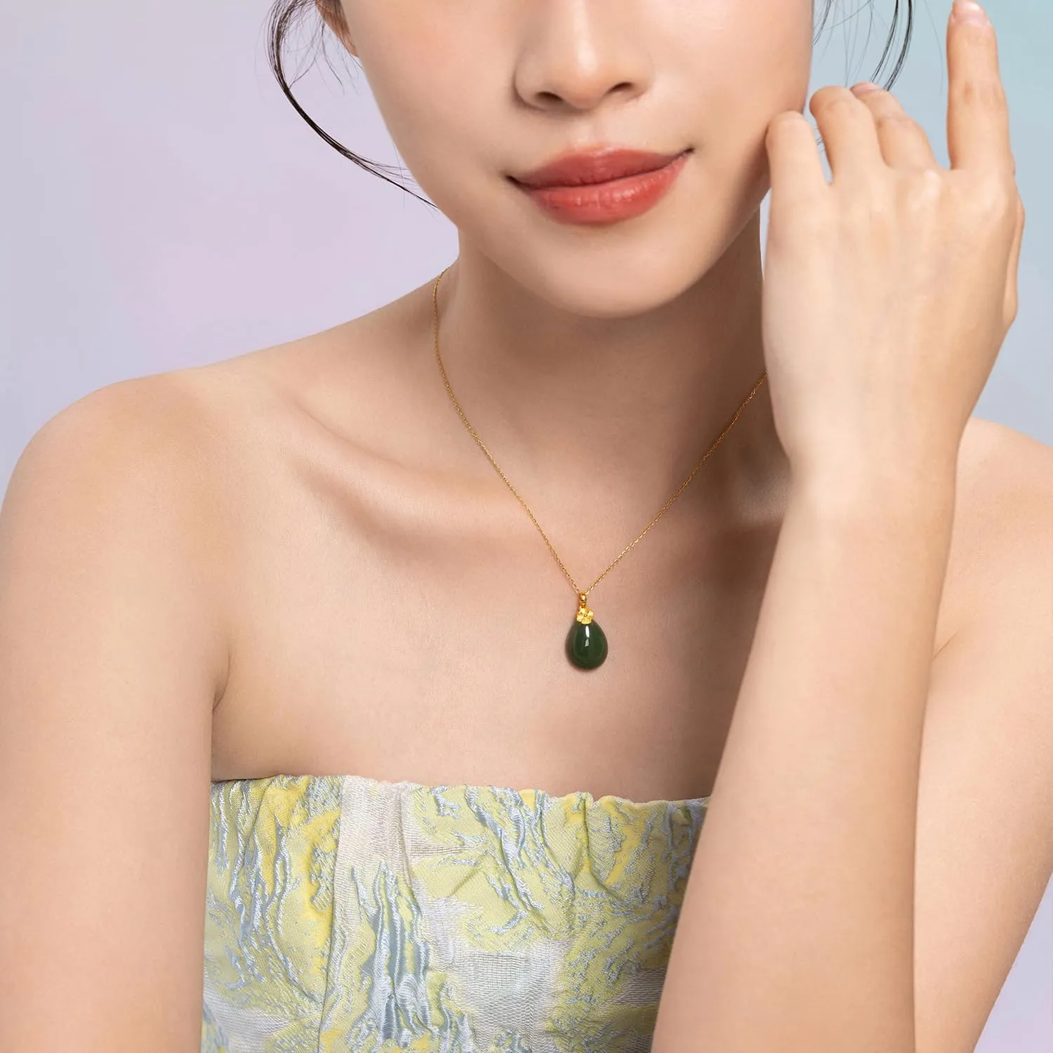 24K Gold Pendant for Women Green Jade Teardrop Pendants Dainty Natural Gemstone Drop Charms Good Luck Jewelry Healing Hetian Jadeite Charm Simple Trendy Fortune Gifts for Men Mom(Not Include Necklace)