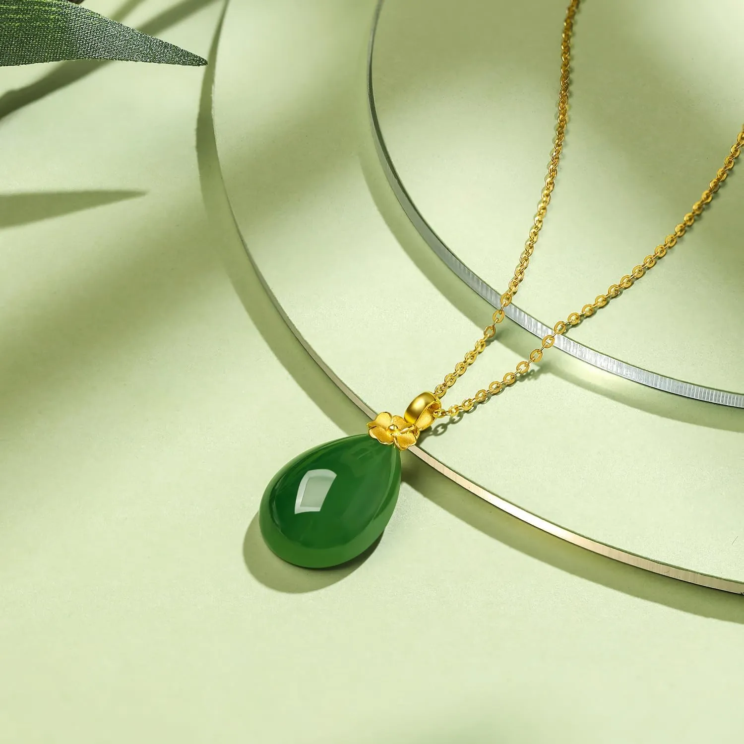 24K Gold Pendant for Women Green Jade Teardrop Pendants Dainty Natural Gemstone Drop Charms Good Luck Jewelry Healing Hetian Jadeite Charm Simple Trendy Fortune Gifts for Men Mom(Not Include Necklace)
