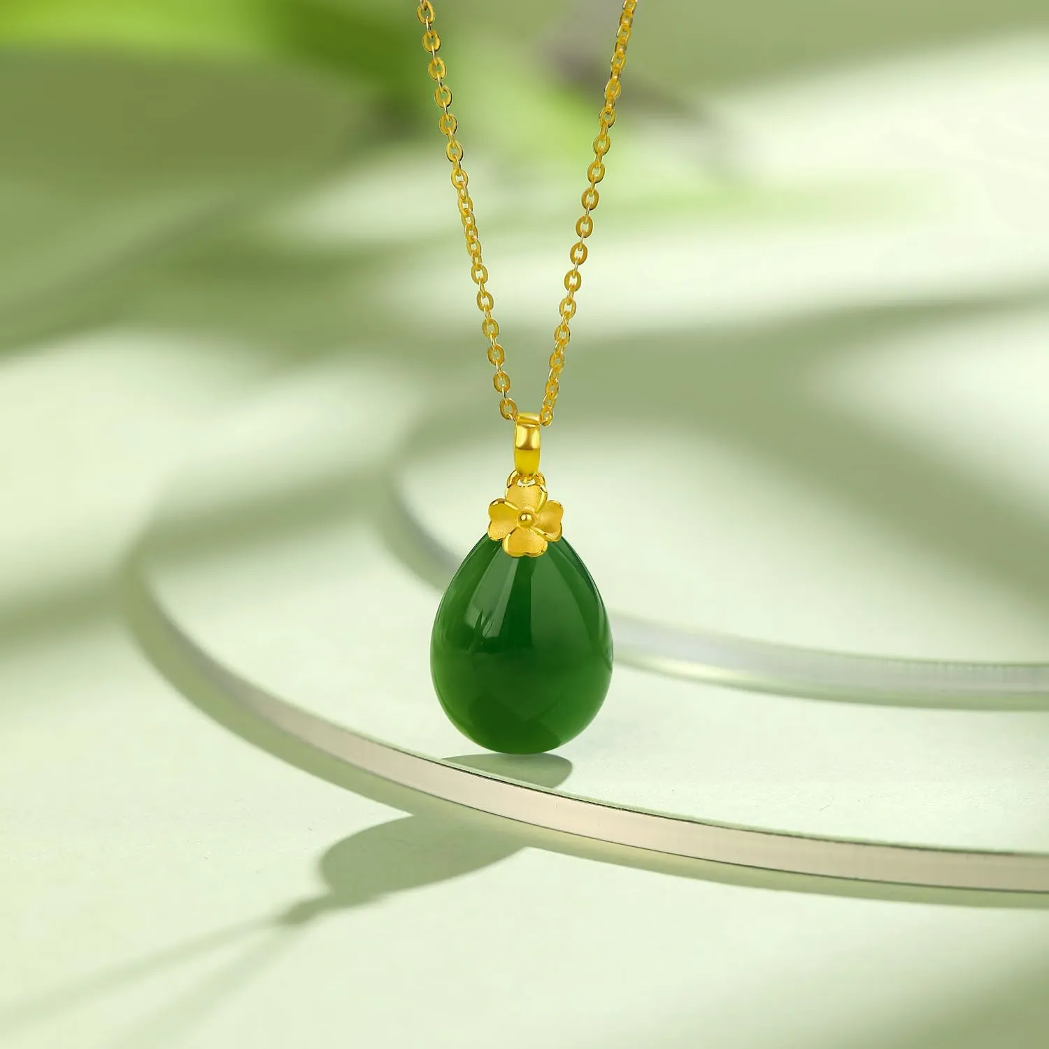 24K Gold Pendant for Women Green Jade Teardrop Pendants Dainty Natural Gemstone Drop Charms Good Luck Jewelry Healing Hetian Jadeite Charm Simple Trendy Fortune Gifts for Men Mom(Not Include Necklace)
