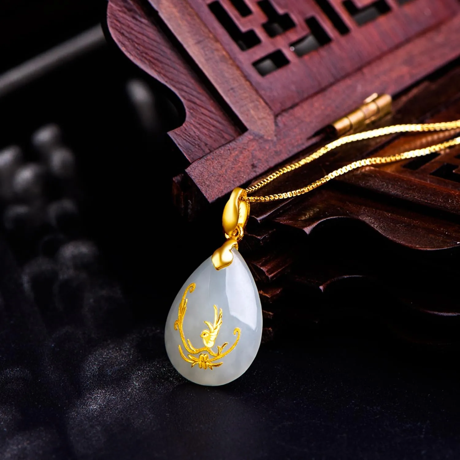 24K Gold Pendant for Women Jade Teardrop Pendants Dainty Charms Natural Healing Gemstone Charm Good Luck Jewelry White Hetian Lucky Stone Lifetime Fortune Flower Buddha Lotus Yellow Gold Gifts