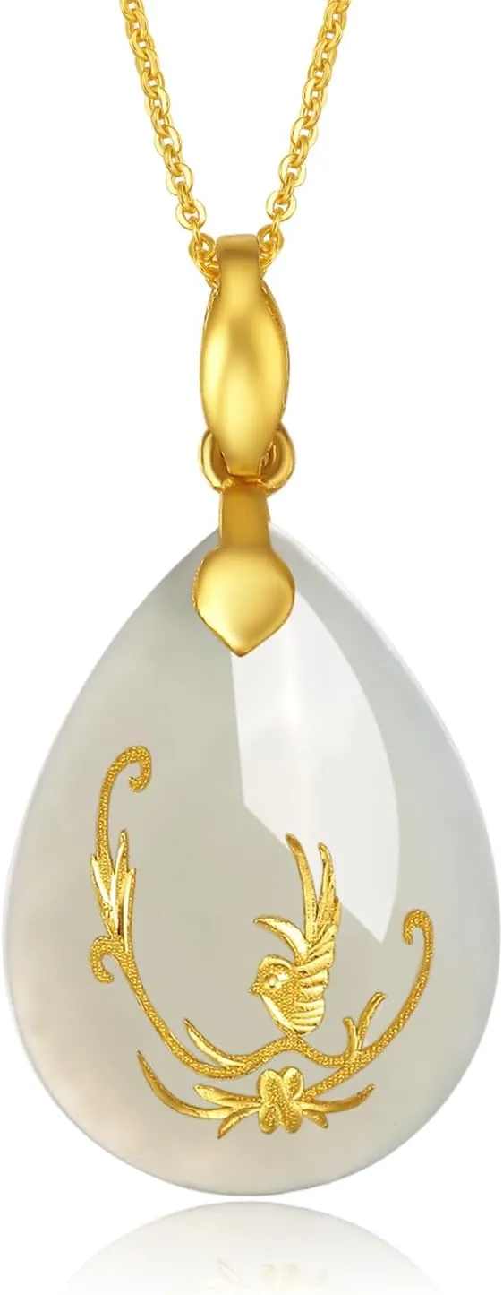 24K Gold Pendant for Women Jade Teardrop Pendants Dainty Charms Natural Healing Gemstone Charm Good Luck Jewelry White Hetian Lucky Stone Lifetime Fortune Flower Buddha Lotus Yellow Gold Gifts