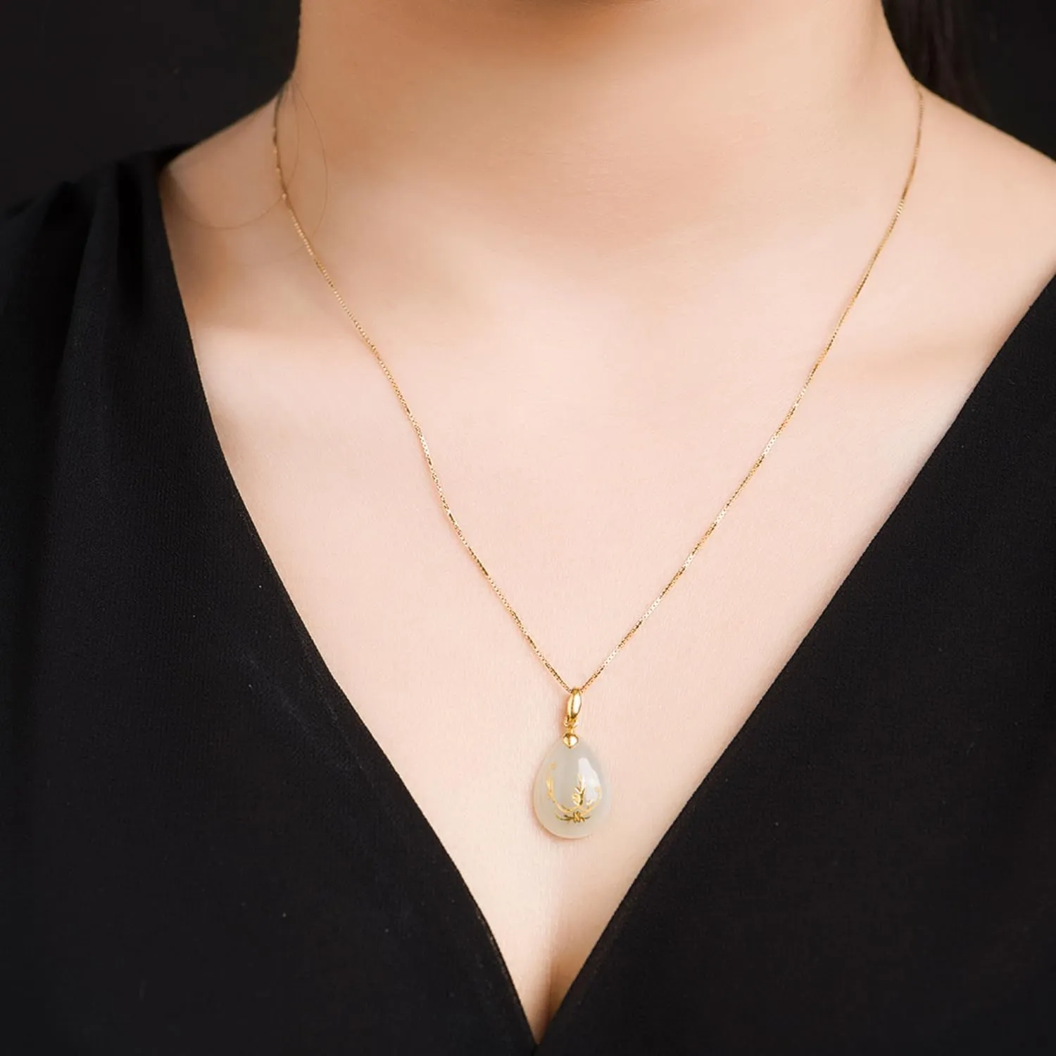 24K Gold Pendant for Women Jade Teardrop Pendants Dainty Charms Natural Healing Gemstone Charm Good Luck Jewelry White Hetian Lucky Stone Lifetime Fortune Flower Buddha Lotus Yellow Gold Gifts