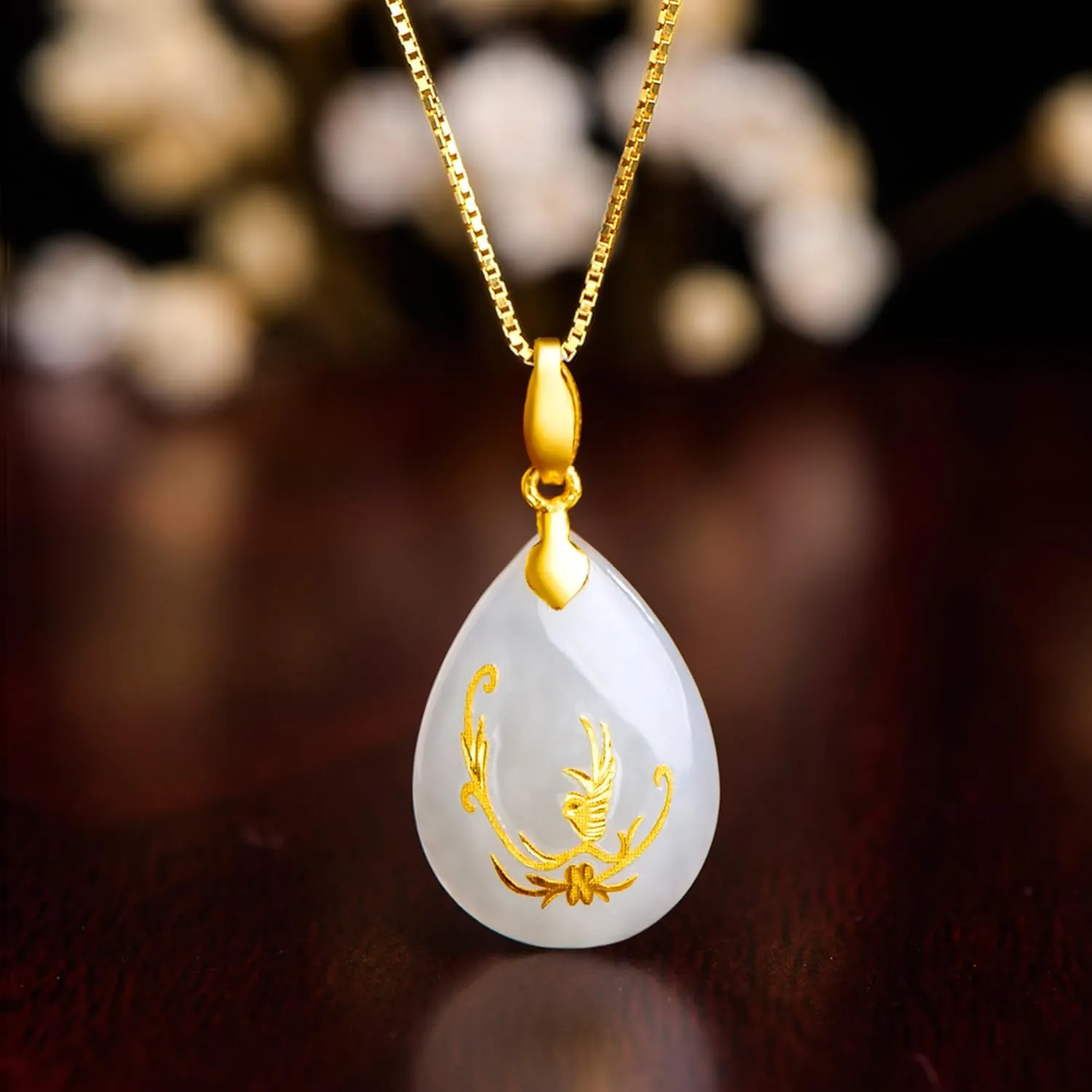 24K Gold Pendant for Women Jade Teardrop Pendants Dainty Charms Natural Healing Gemstone Charm Good Luck Jewelry White Hetian Lucky Stone Lifetime Fortune Flower Buddha Lotus Yellow Gold Gifts