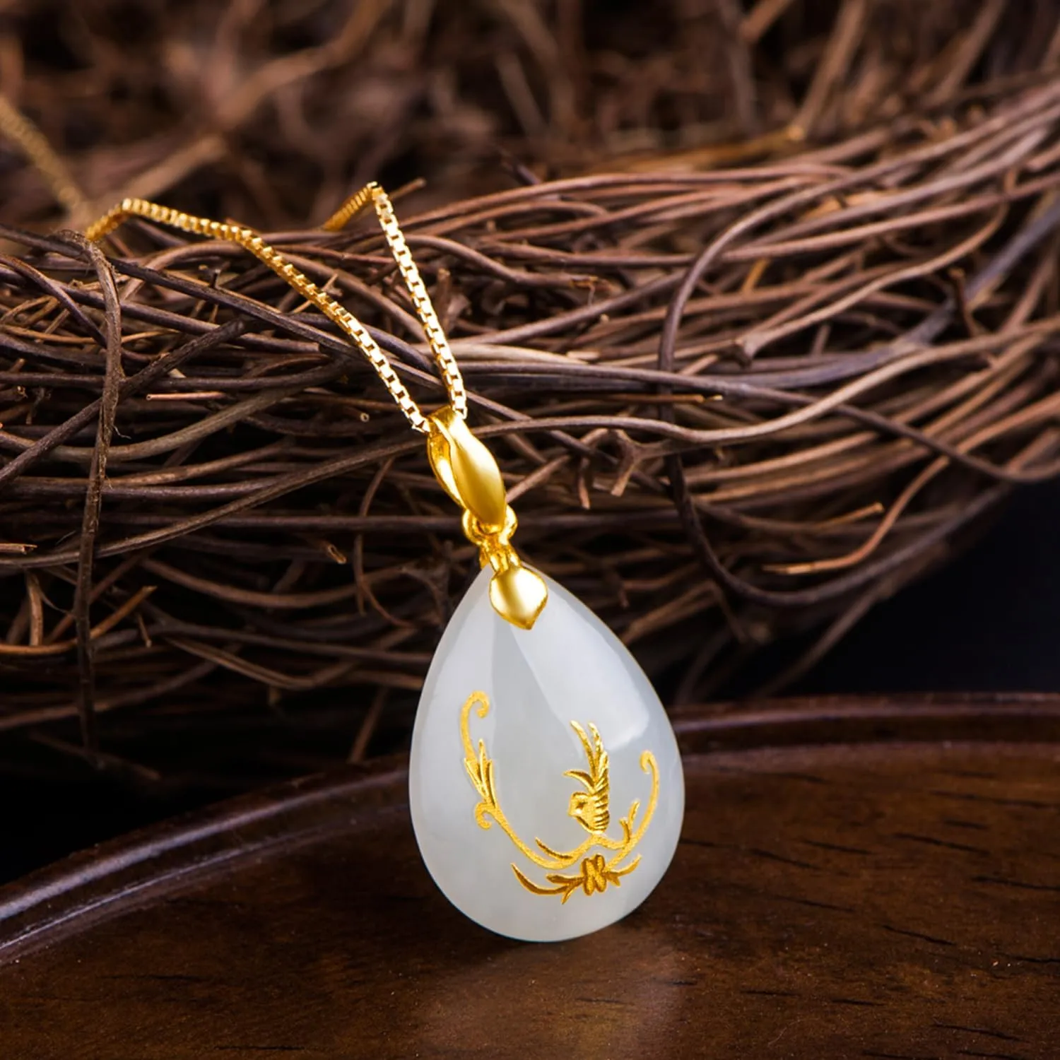 24K Gold Pendant for Women Jade Teardrop Pendants Dainty Charms Natural Healing Gemstone Charm Good Luck Jewelry White Hetian Lucky Stone Lifetime Fortune Flower Buddha Lotus Yellow Gold Gifts
