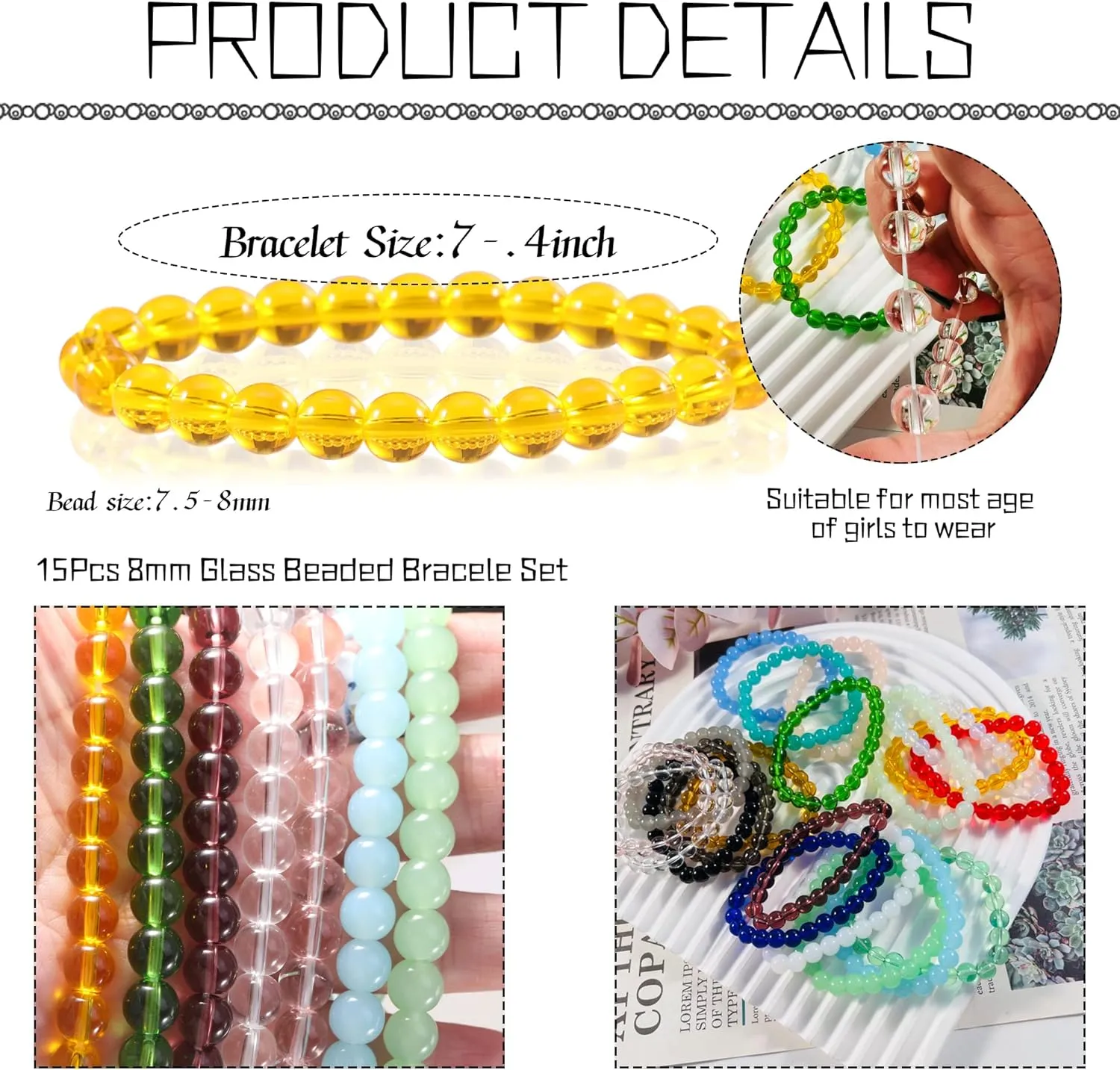24pcs Beaded Crystal Bracelets for Women,Stackable Stretch Elastic Bohemian Round Glass Bead Bracelet Jewelry Pack Sets Purple Pink Yellow White Red
