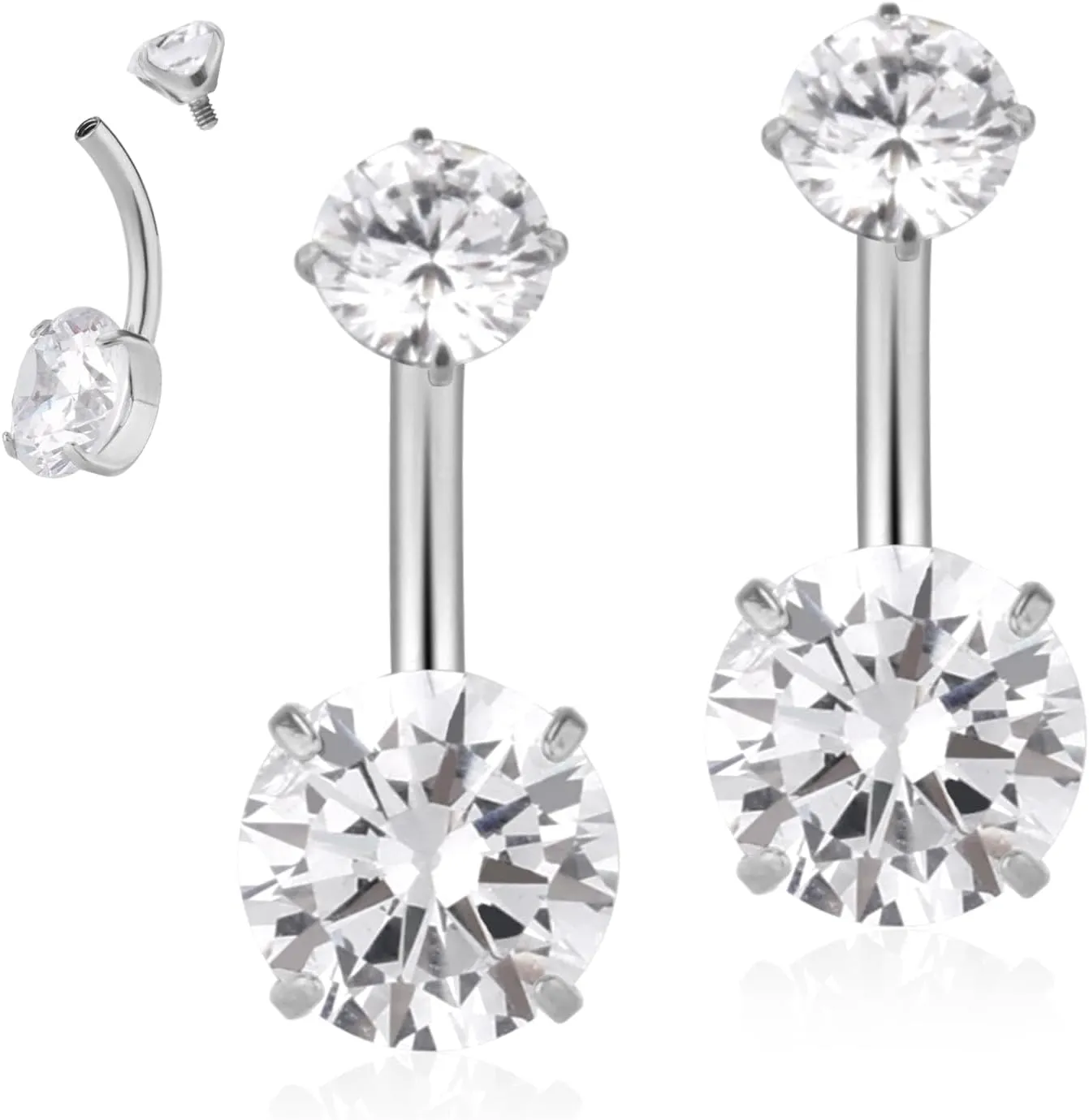 2pcs 14G Belly Button Rings, Silver G23 Titanium Cubic Zircon CZ Belly Piercing Ring Internally Threaded Barbell Navel Bars Body Jewelry Gift for Women Men (12mm/0.472in)