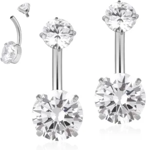 2pcs 14G Belly Button Rings, Silver G23 Titanium Cubic Zircon CZ Belly Piercing Ring Internally Threaded Barbell Navel Bars Body Jewelry Gift for Women Men (12mm/0.472in)