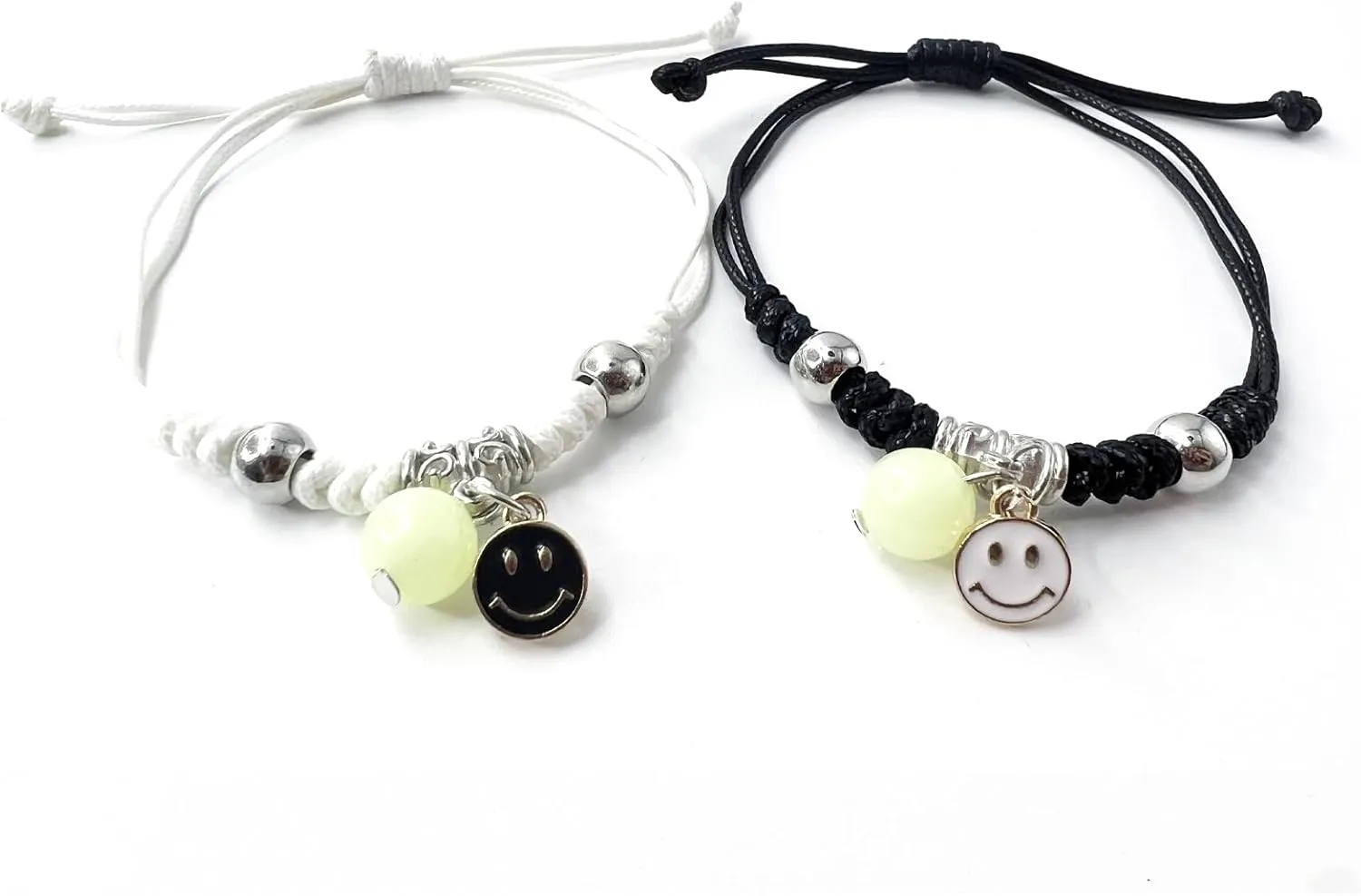 2Pcs Braided Rope Smiley Bracelet,Adjustable Bracelet,Luminous Friendship Bracelet,Black White Friendship Couple Bracelet