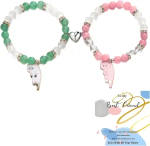 2pcs Cat Matching Bracelets for Couple Cute Cat Bead Bracelet Kawaii Cartoon Animal Bracelet Natural Beaded Heart Matching Bracelet for Women Best Friend BFF Friendship Love Distance Bracelet