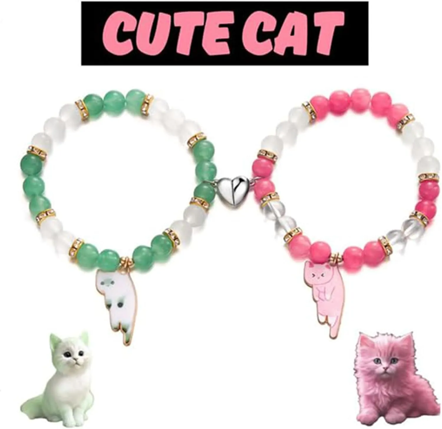 2pcs Cat Matching Bracelets for Couple Cute Cat Bead Bracelet Kawaii Cartoon Animal Bracelet Natural Beaded Heart Matching Bracelet for Women Best Friend BFF Friendship Love Distance Bracelet
